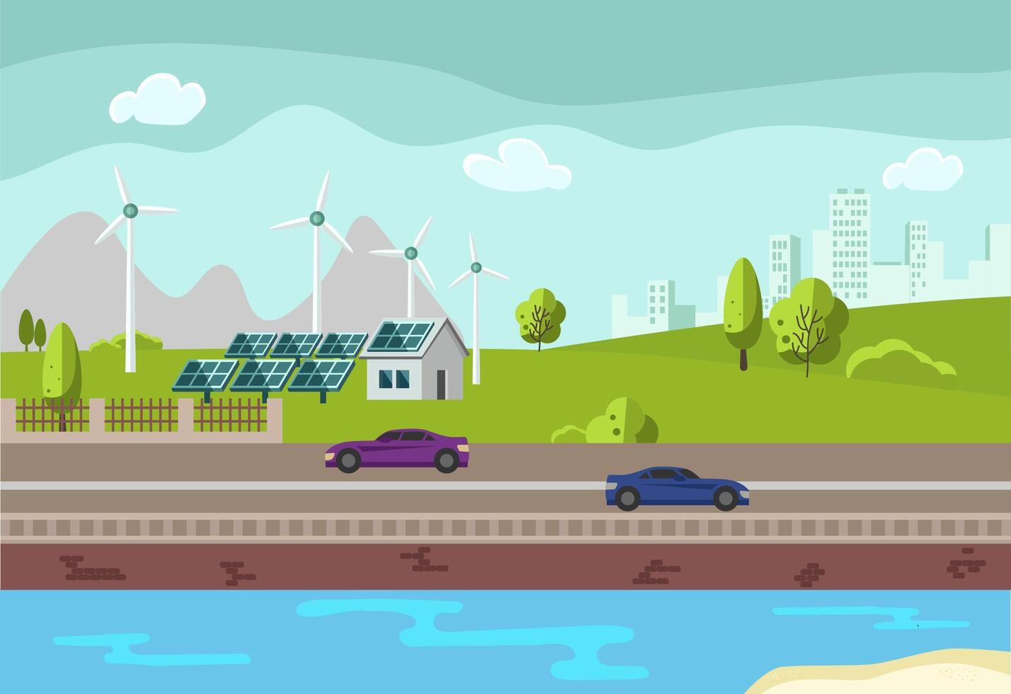 illustration of clean electric energy from renewable sources sun and wind. Power plant station with solar panels and wind turbines on city skyline urban landscape background. vector