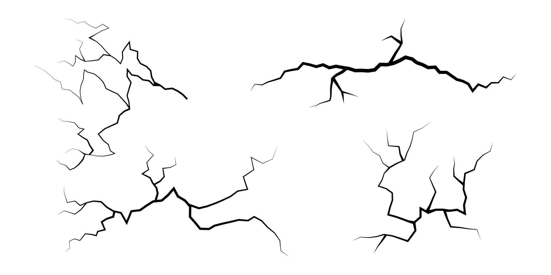 Set of cracks. Collection of different black lightning bolts. Earth crack. Set thunderstorm and lightning. Vector illustration of natural phenomena on white background. Vector illustration