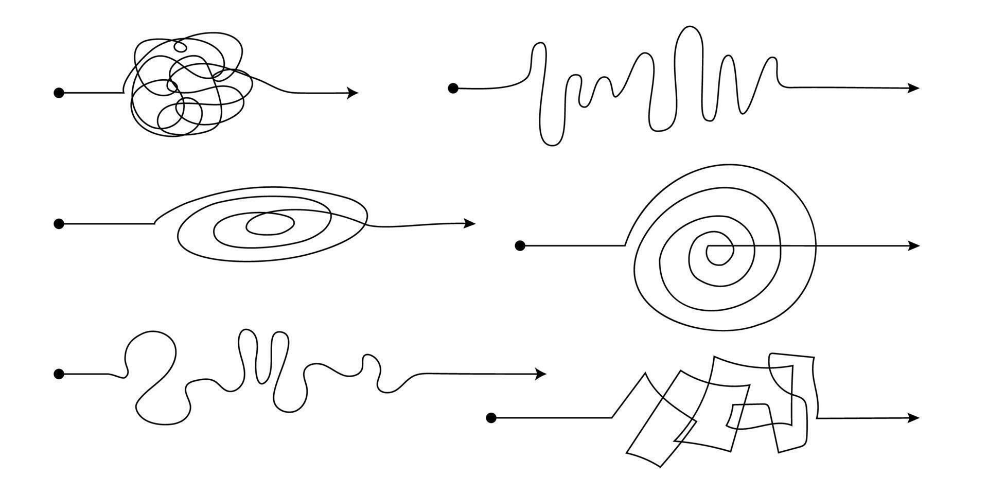 complejo fácil sencillo camino desde comienzo a idea. caos simplificando, problema resolviendo y negocio soluciones idea buscando concepto vector ilustración. mano dibujado garabatear Escribiendo caos líneas