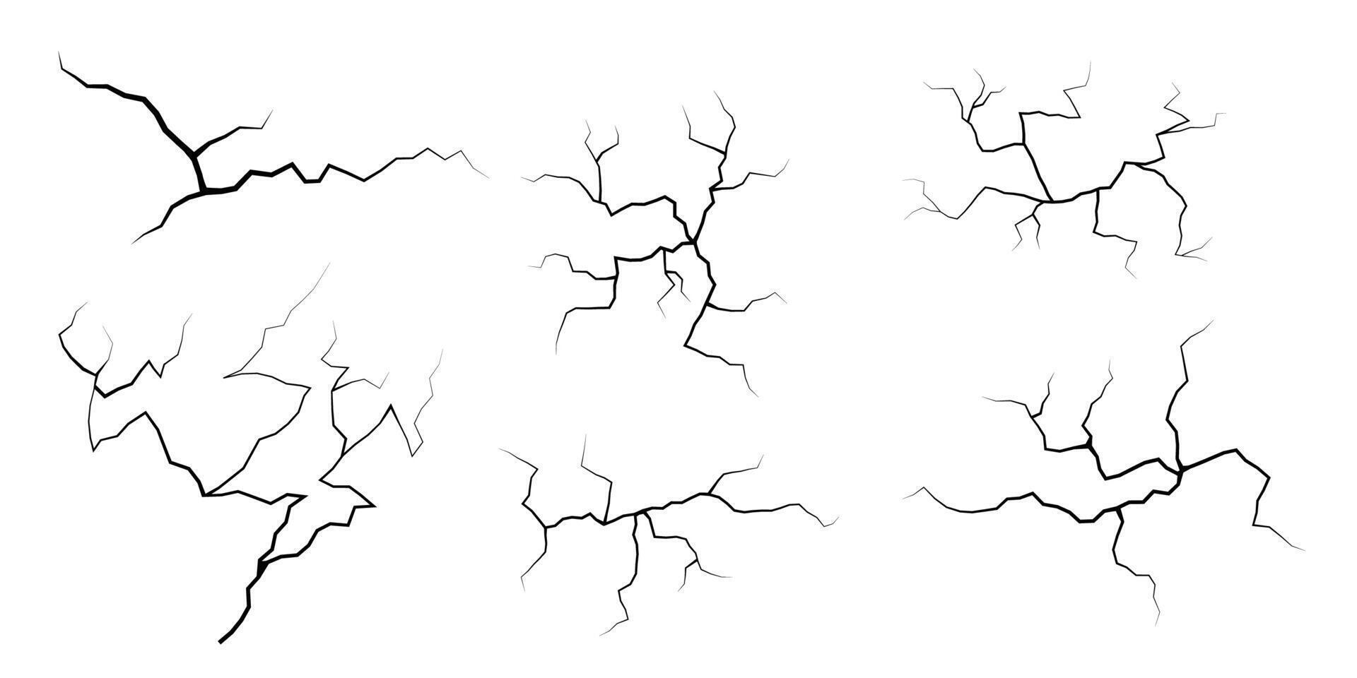 Set of cracks. Collection of different black lightning bolts. Earth crack. Set thunderstorm and lightning. Vector illustration of natural phenomena on white background.