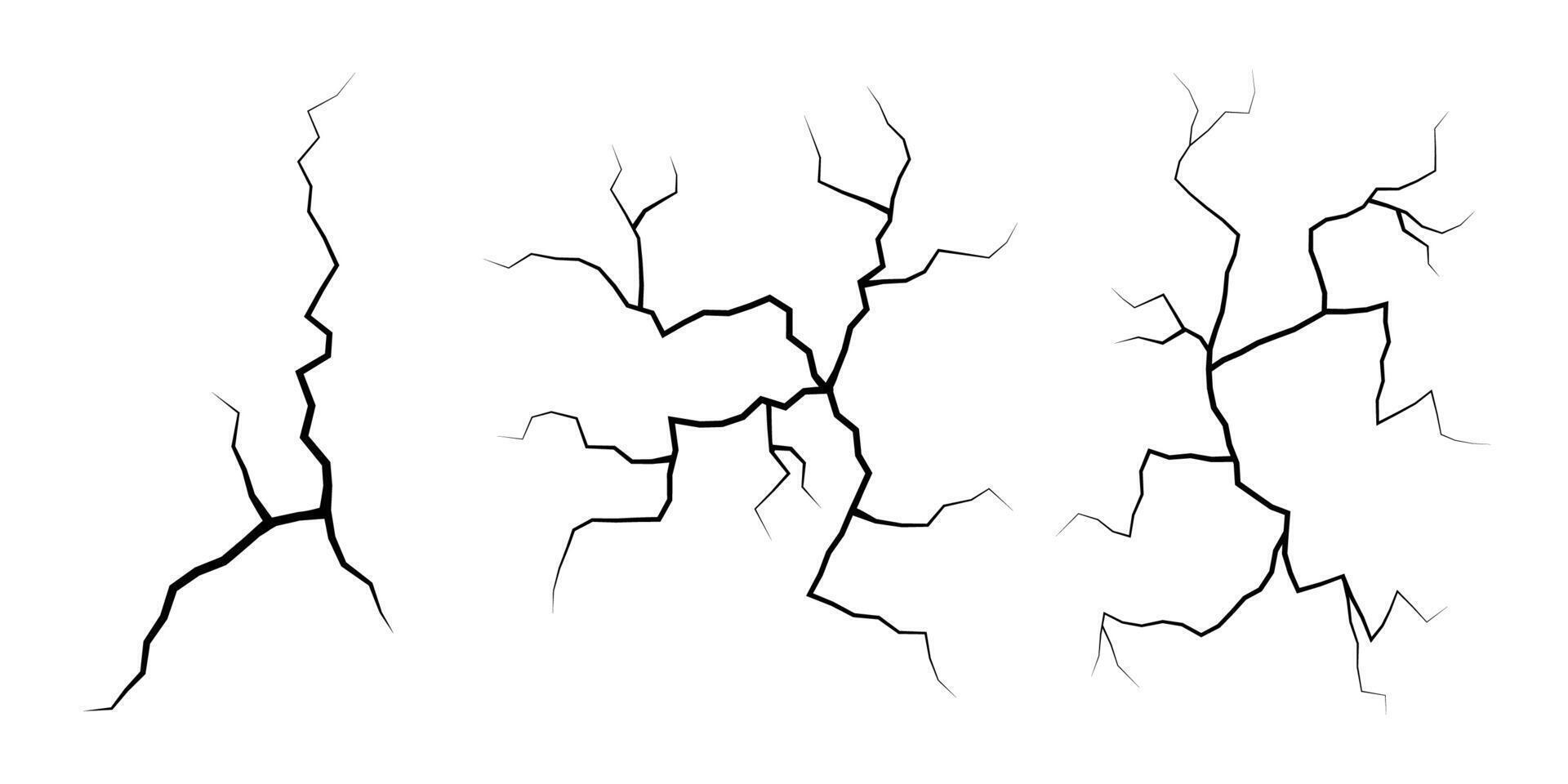 Set of cracks. Collection of different black lightning bolts. Earth crack. Set thunderstorm and lightning. Vector illustration of natural phenomena on white background.