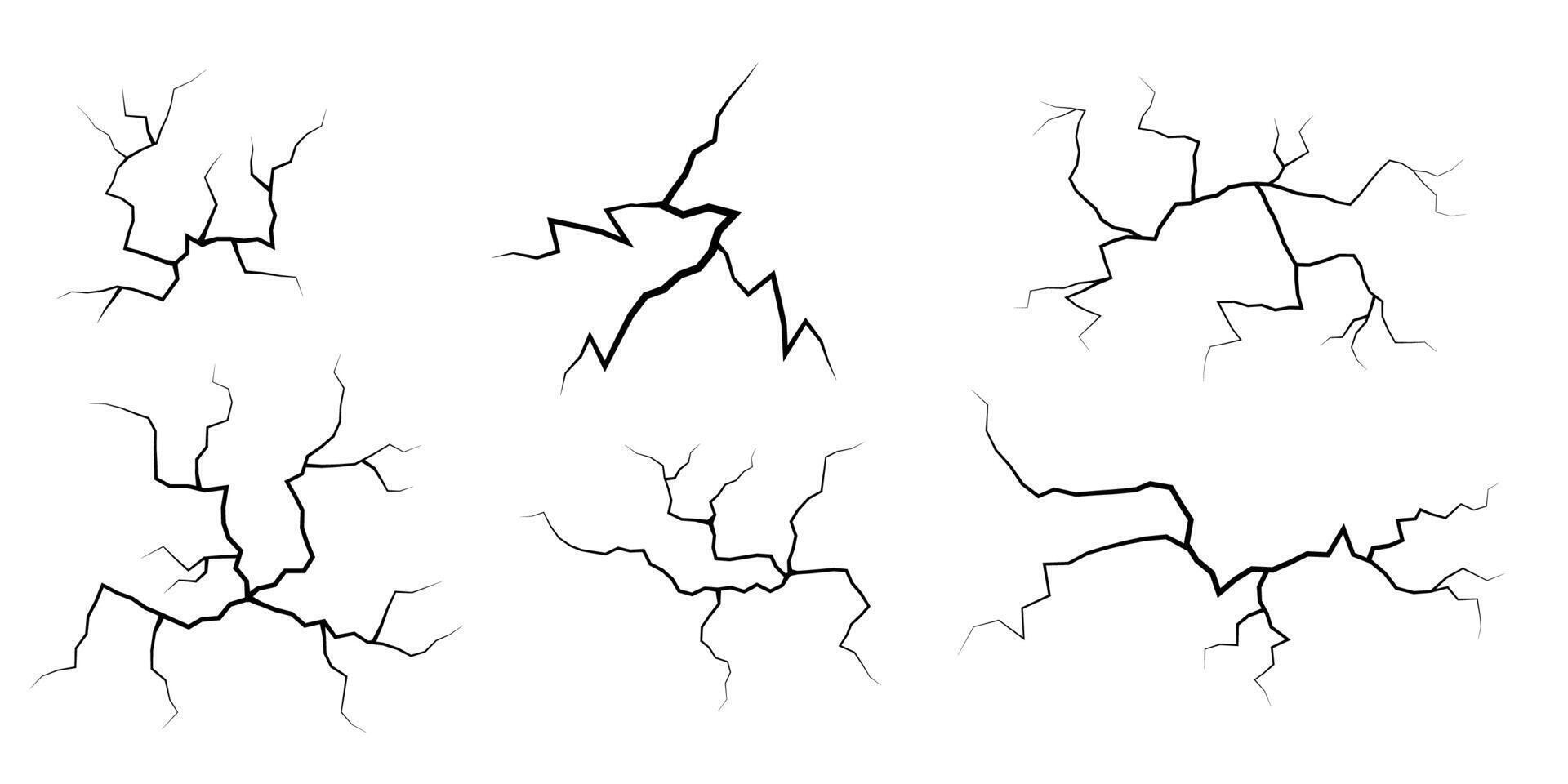 Set of cracks. Collection of different black lightning bolts. Earth crack. Set thunderstorm and lightning. Vector illustration of natural phenomena on white background.