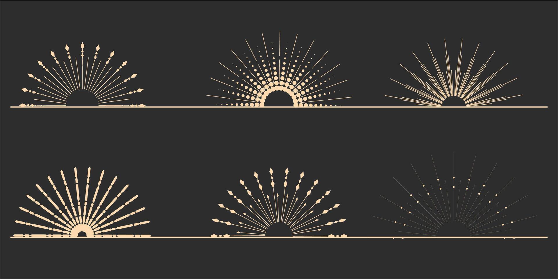 Set of light rays, sunbeams, and solar rays. Fireworks. Design elements, linear drawing, vintage hipster style. Set light rays, sunbeams of different sizes and intensities against a light background. vector