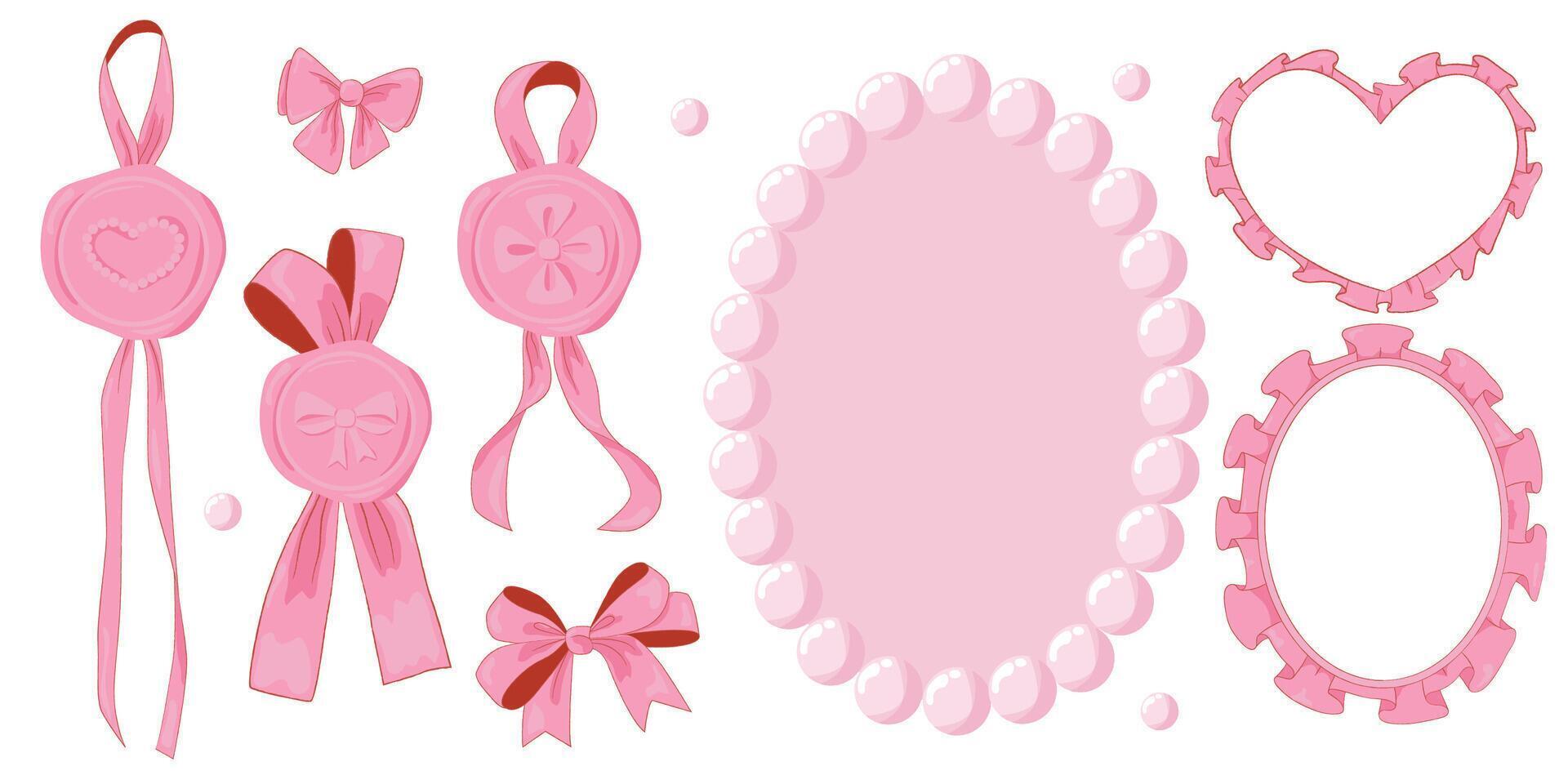 Vector Illustration of pink girly vintage bow and frame ribbon beads and wax seal stamp set. Ribbons isolated. Trendy coquette girls accessories.