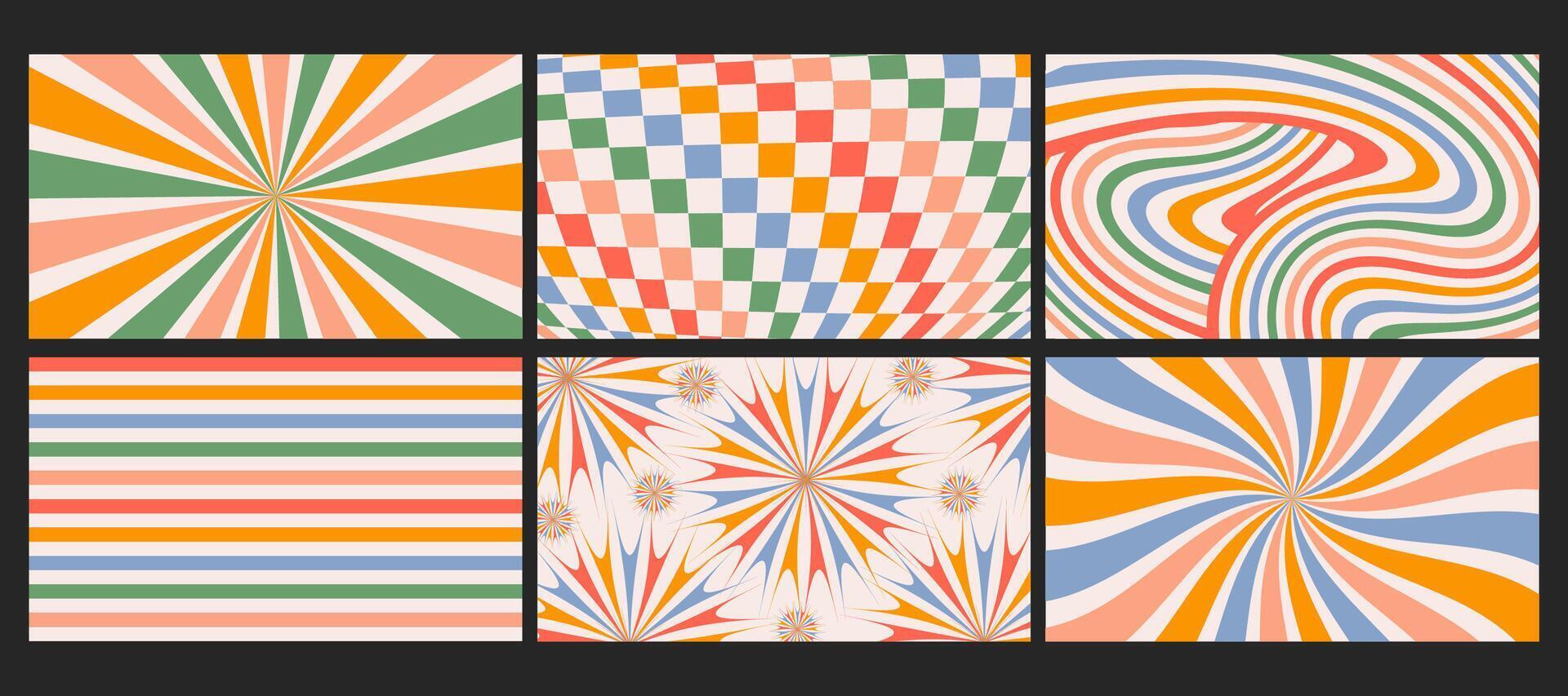 Groovy checkered seamless patterns, vintage aesthetic backgrounds, psychedelic checkerboard texture. Funky hippie fashion textile print, retro background with distorted grid tile vector pattern set.