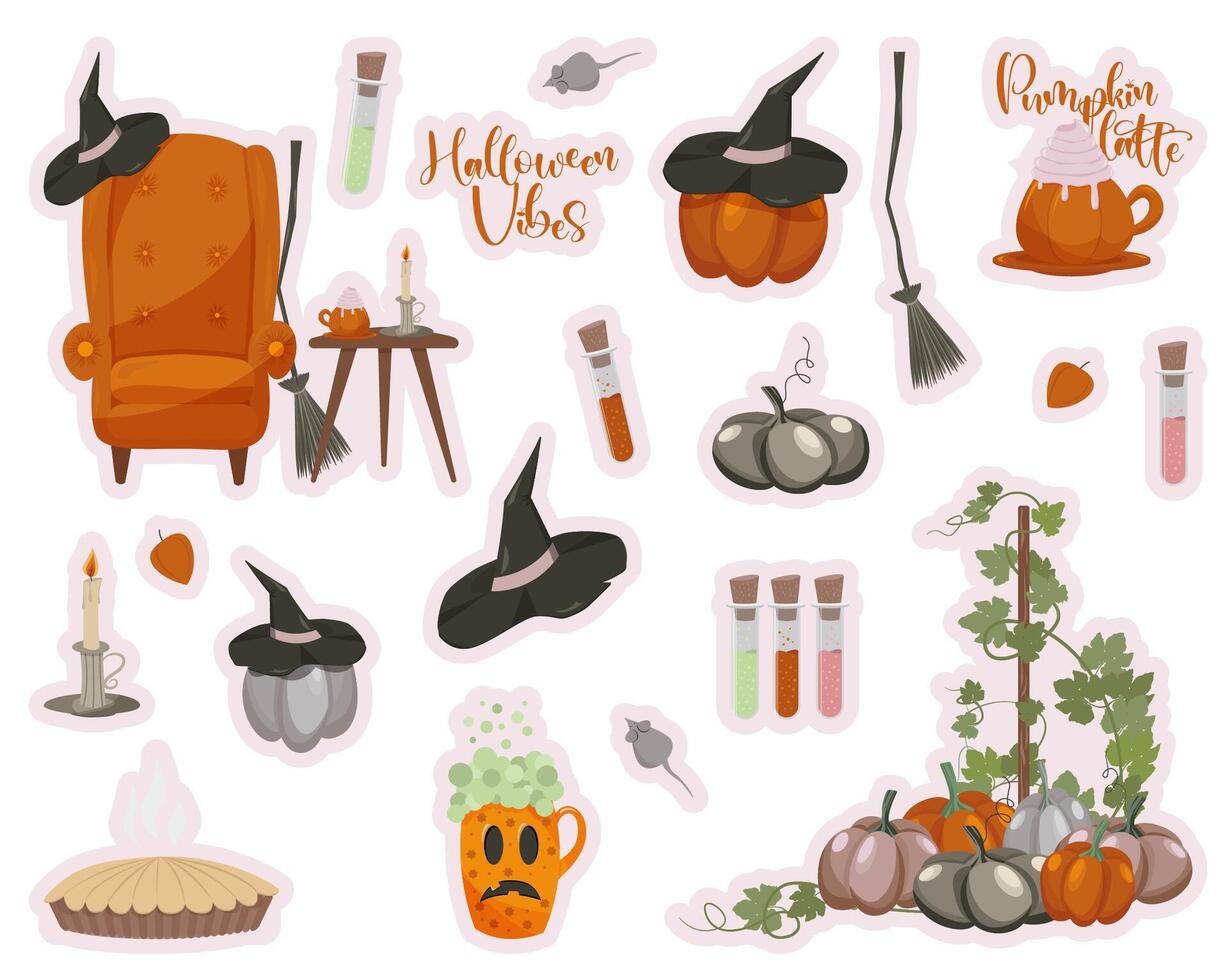 Set of autumn elements stickers. Thanksgiving and Halloween vibes. Pumpkins and witches. vector