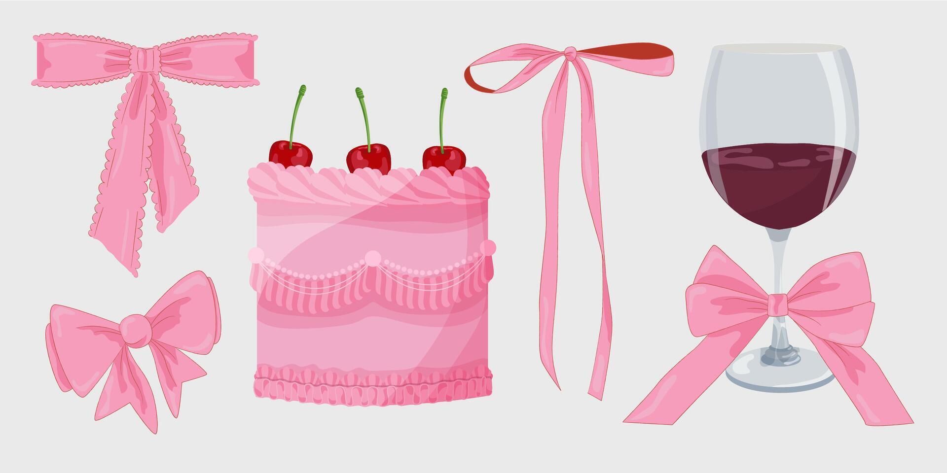 Vector Illustration of pink girly vintage bows, wine, bento cake and cherry. Cute bento lambeth cake. Girly coquette aesthetic.