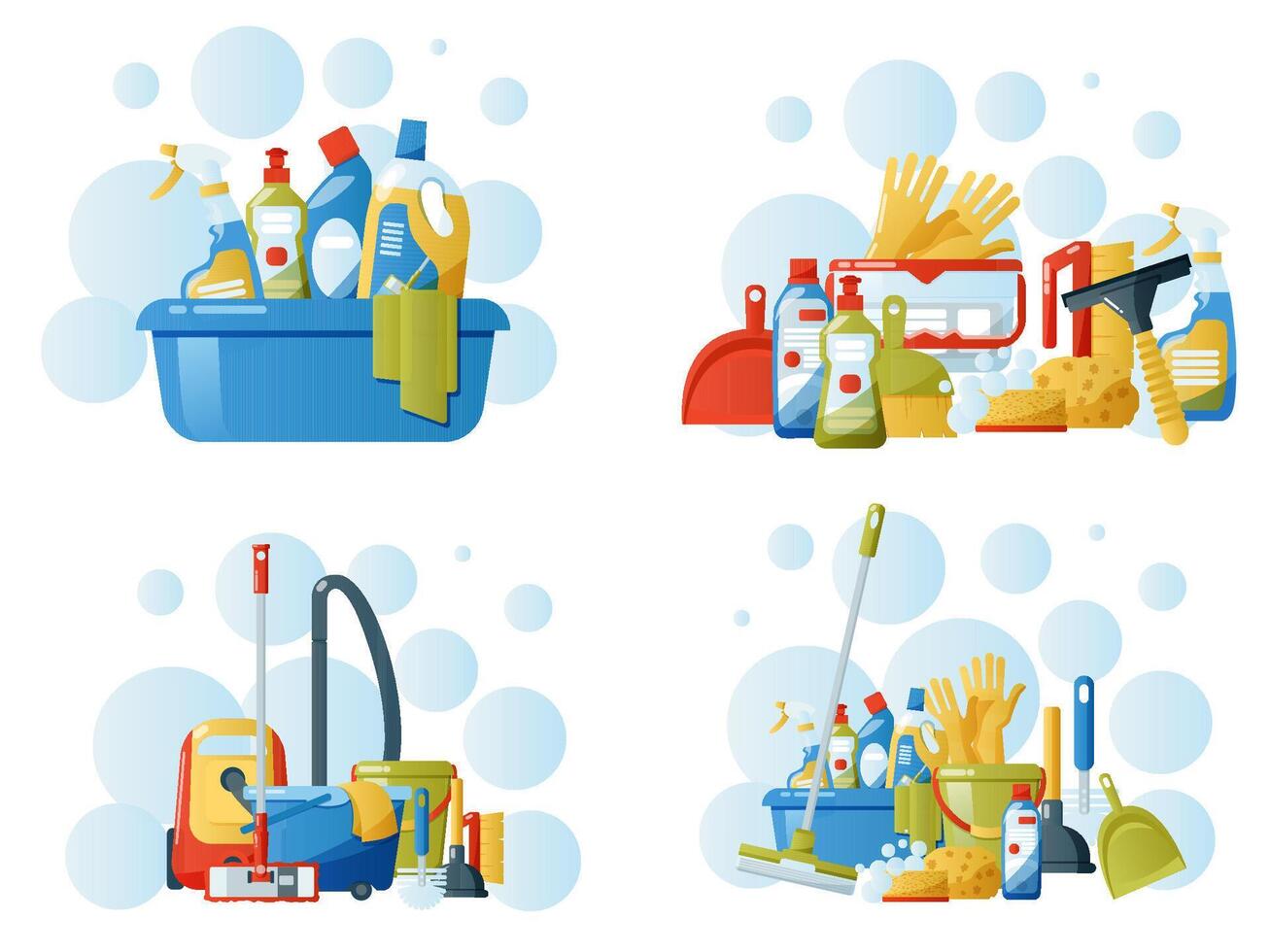 Set of cleanig supplies elements. Bucket with cleaning supplies collection isolated on white background. vector