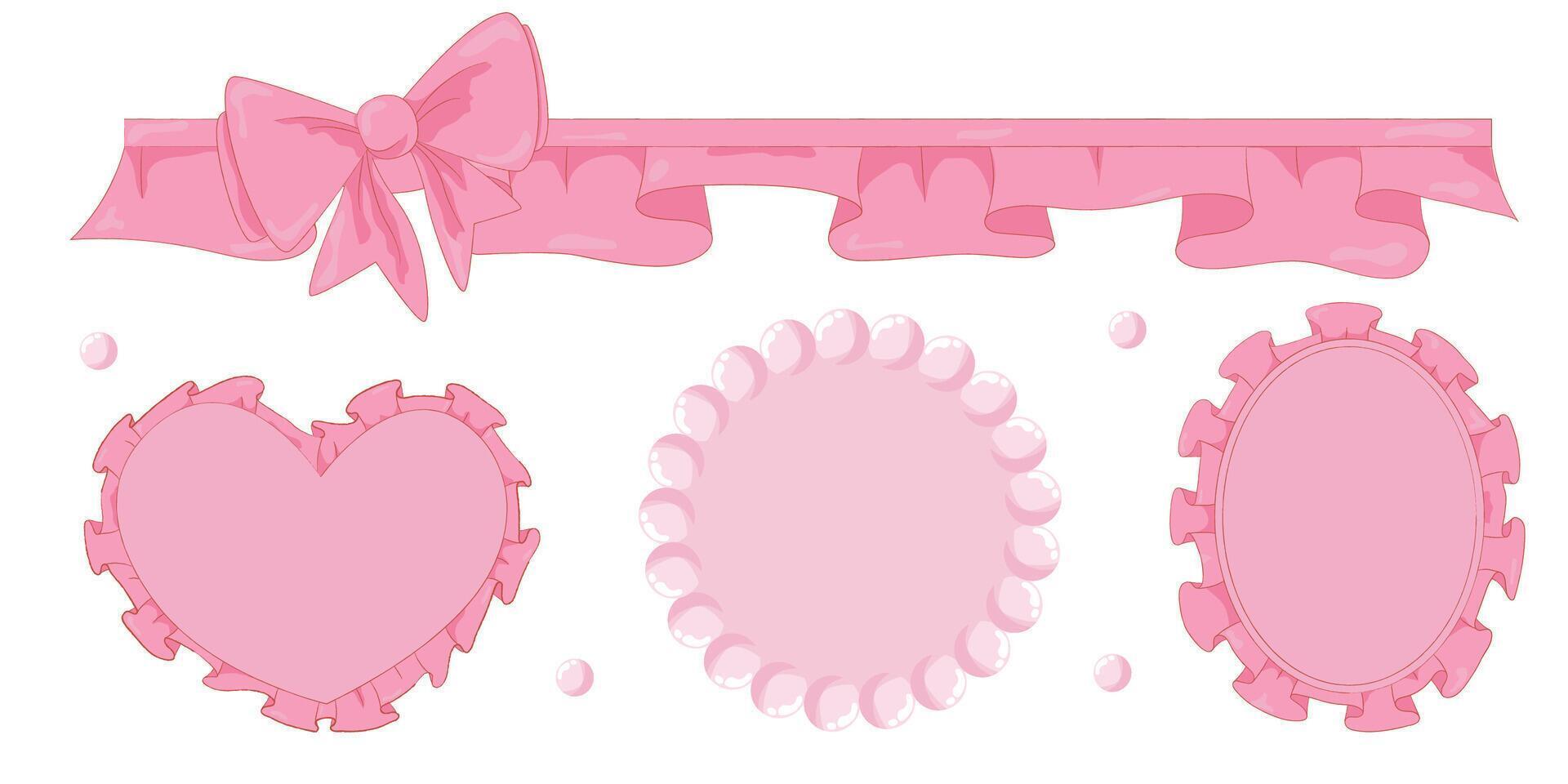 Vector Illustration of pink girly vintage bow and frame ribbon beads set. Ribbons isolated. Trendy coquette girls accessories.