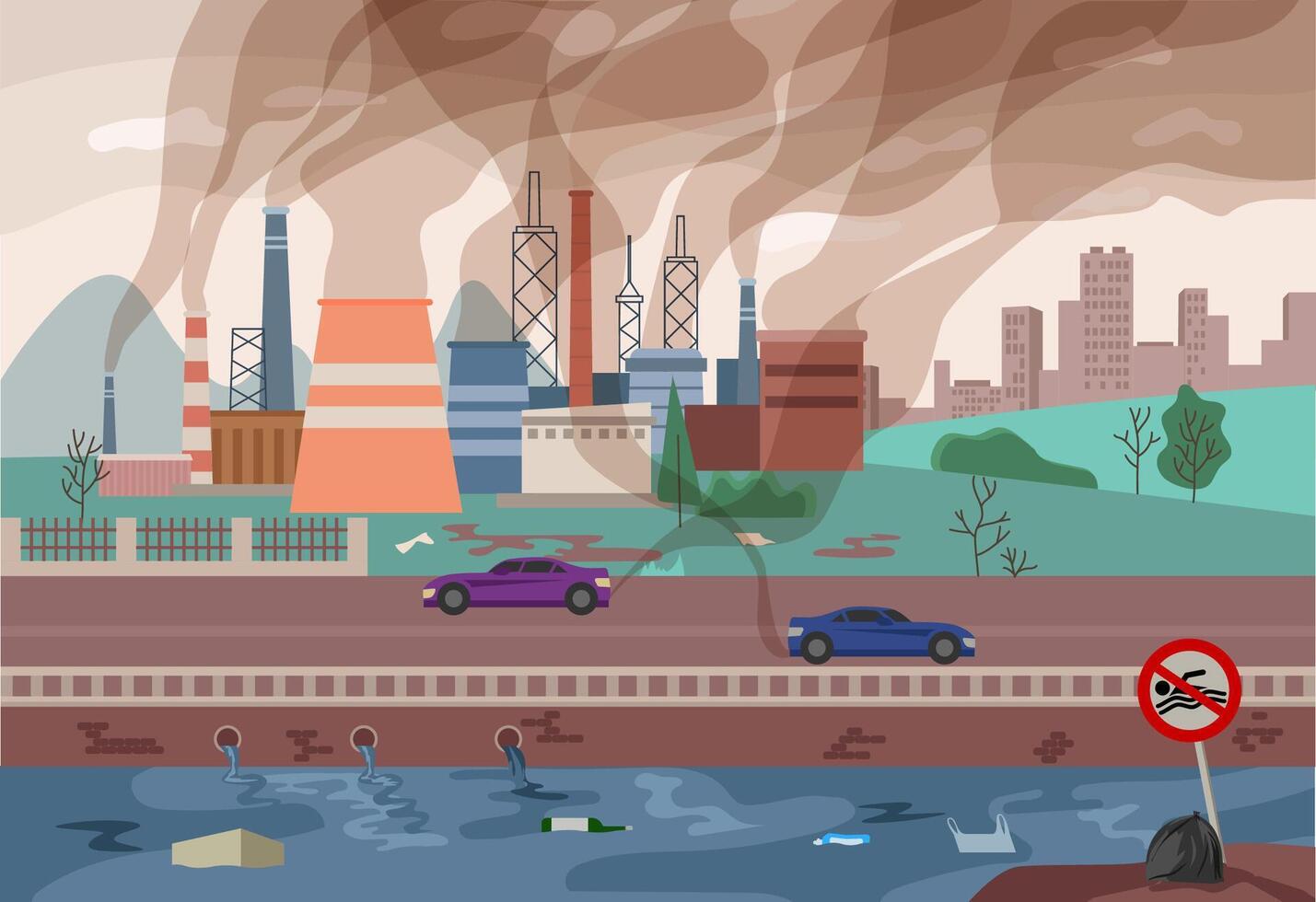 Vector background with environmental pollution. Factory plant smokes with smog, trash emission from pipes to river water. Ecology, nature concept