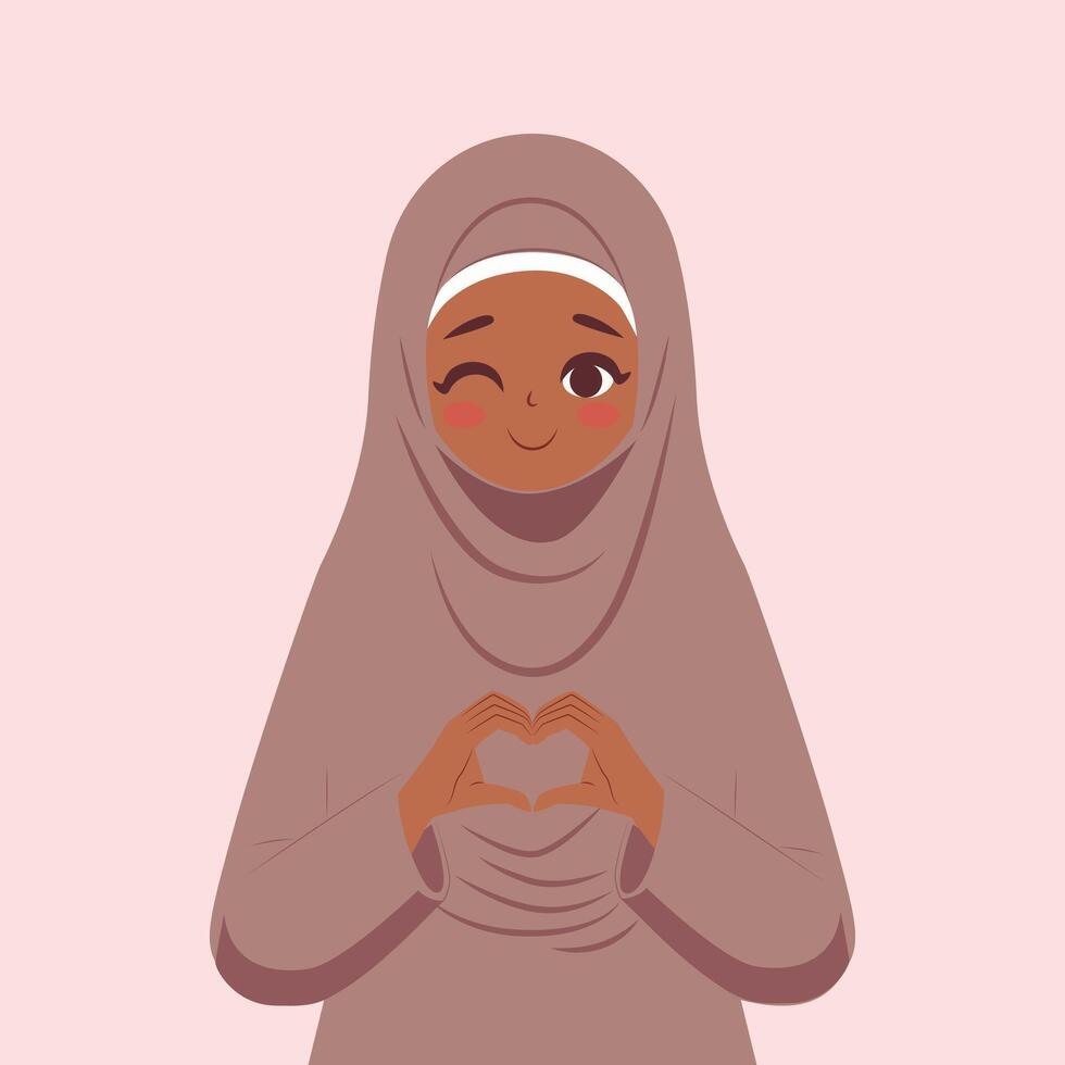 hermosa niña en marrón hiyab mujer en islámico religioso ropa conformado corazón con ambos manos expresiones plano diseño, póster para mundo hijab día. vector