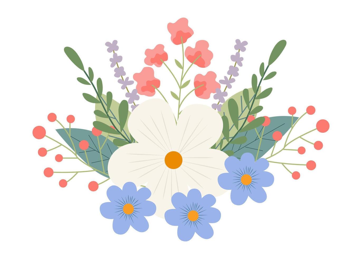 Beautiful spring or summer bouquet on a white background. Cute hand drawn flat vector flowers, leaves, berries. Vector illustration for card, banner, poster, wedding invitation. Floral spring poster.