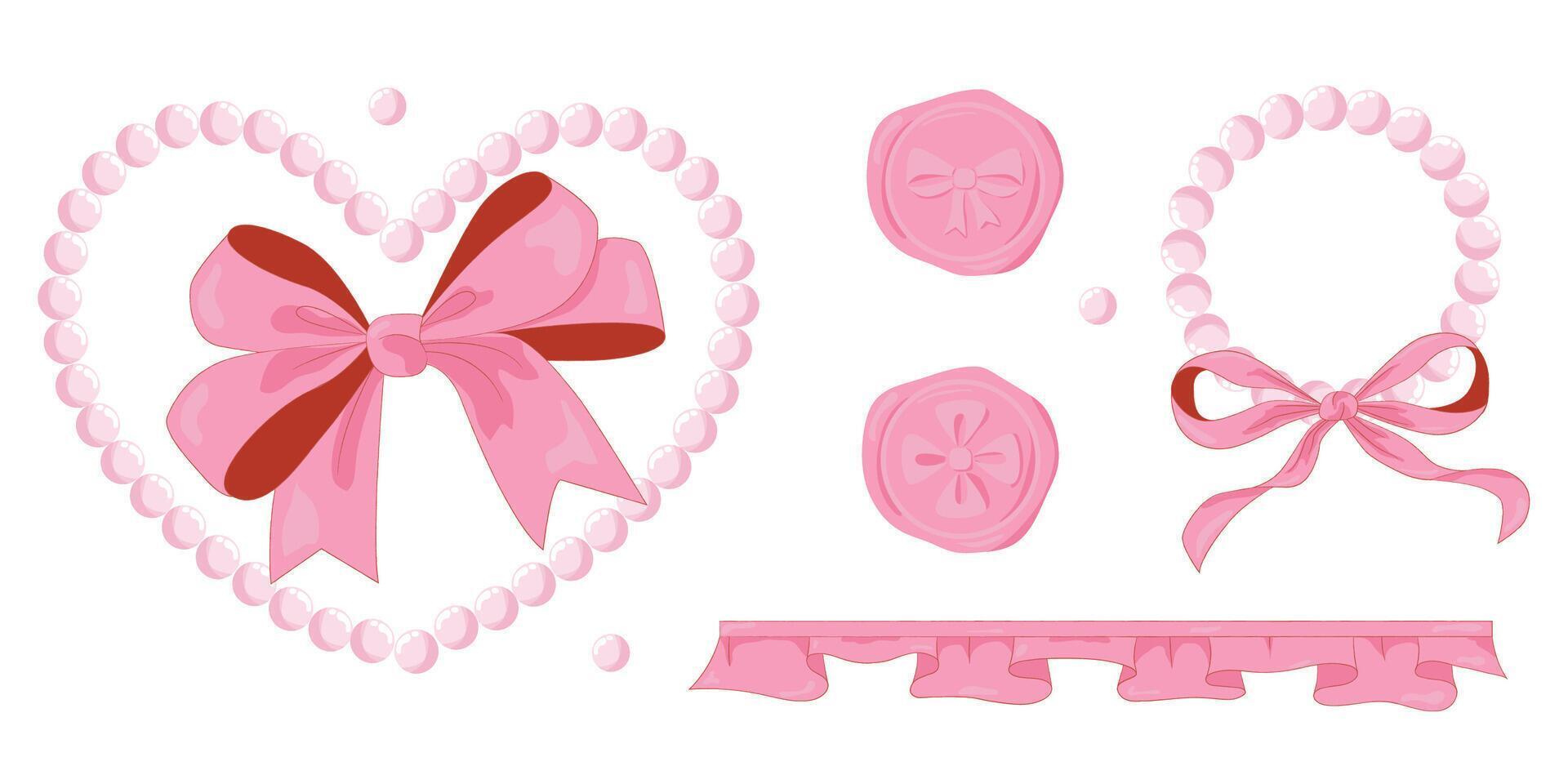 Vector Illustration of pink girly vintage bow and frame ribbon beads and wax seal stamp set. Ribbons isolated. Trendy coquette girls accessories.