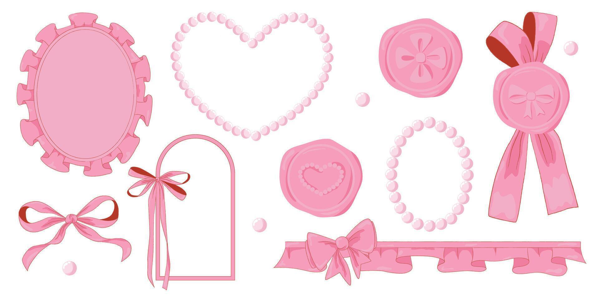 Vector Illustration of pink girly vintage bow and frame ribbon beads and wax seal stamp set. Ribbons isolated. Trendy coquette girls accessories.