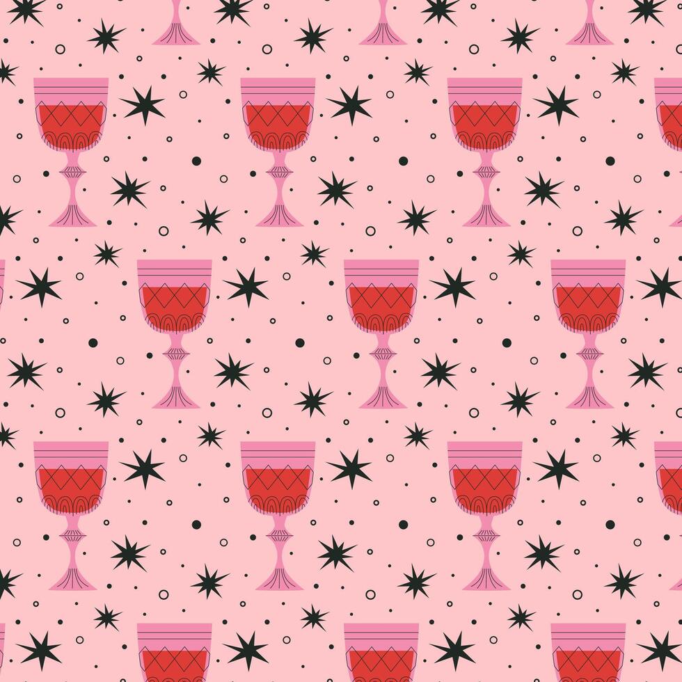 modelo con alcohólico cócteles en lentes de diferente formas en rojo y rosado colores. bebidas en diferente tipos de Clásico lentes. moderno diseño para saludo tarjetas, carteles, envase, paquete papel. vector