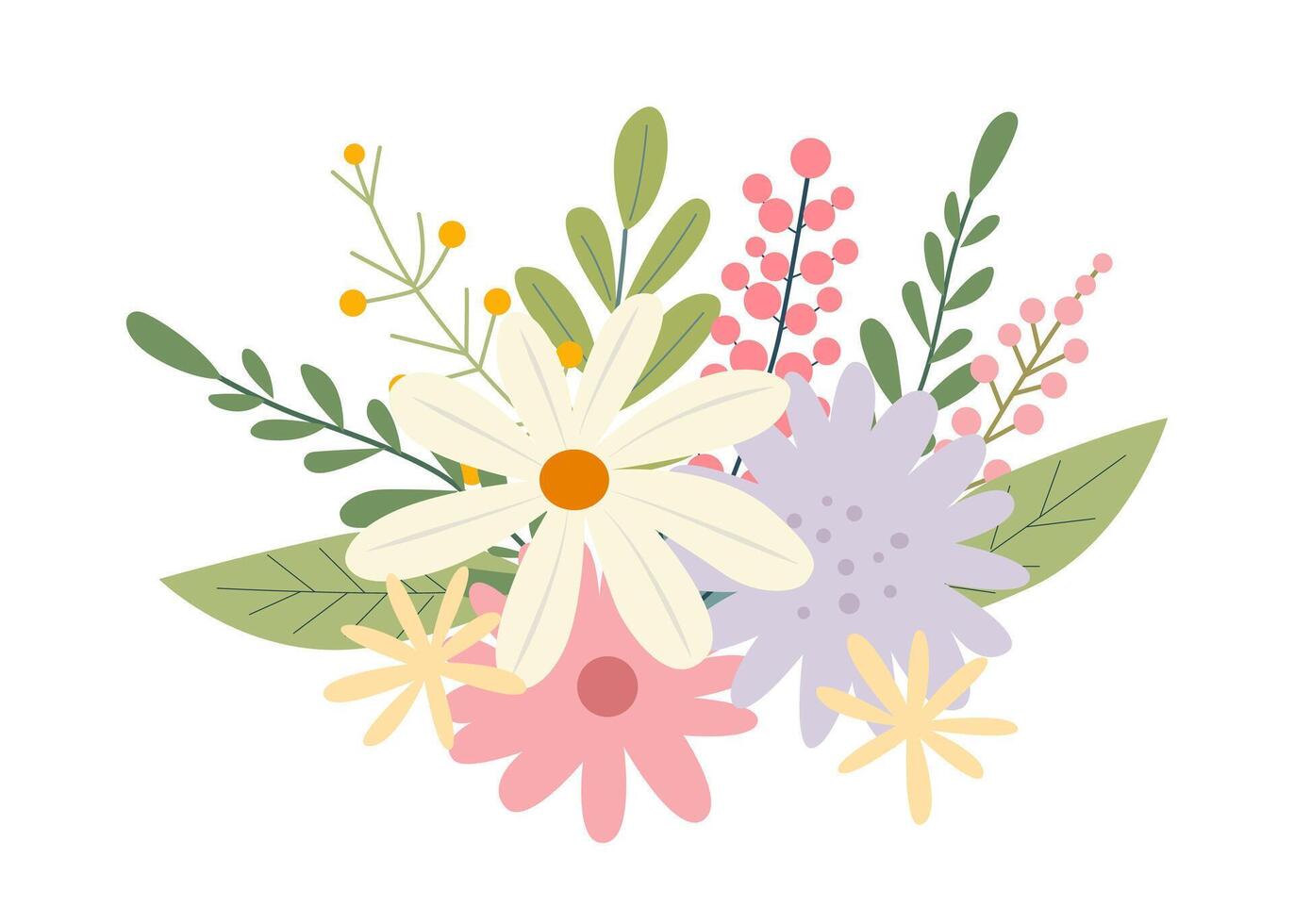 Beautiful spring or summer bouquet on a white background. Cute hand drawn flat vector flowers, leaves, berries. Vector illustration for card, banner, poster, wedding invitation. Floral spring poster.