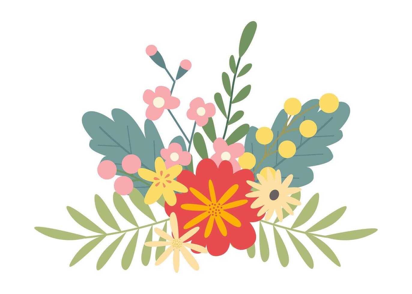 hermosa primavera o verano ramo de flores en un blanco antecedentes. linda mano dibujado plano vector flores, hojas, bayas. vector ilustración para tarjeta, bandera, póster, Boda invitación. floral primavera póster.