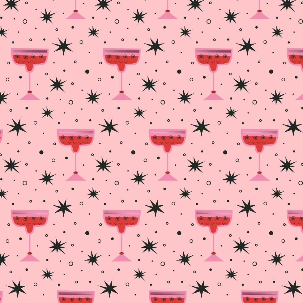 modelo con alcohólico cócteles en lentes de diferente formas en rojo y rosado colores. bebidas en diferente tipos de Clásico lentes. moderno diseño para saludo tarjetas, carteles, envase, paquete papel. vector