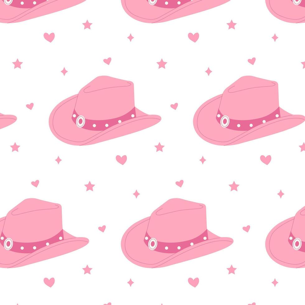 Pattern with hand drawn female cowboy hats. Pink cowgirl hats flat vector illustration. Collection of retro elements. Cowboy Western and Wild West theme. For design, poster, greeting card, pack paper