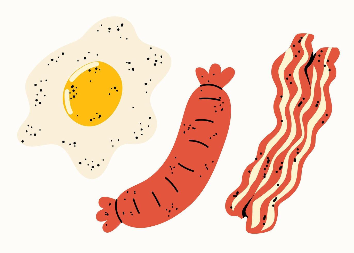 Healthy breakfast. Fried egg, sausage and bacon. Set of vector flat illustrations in hand drawn style. Delicious dishes. Cartoon food icons. Isolated on a white background.