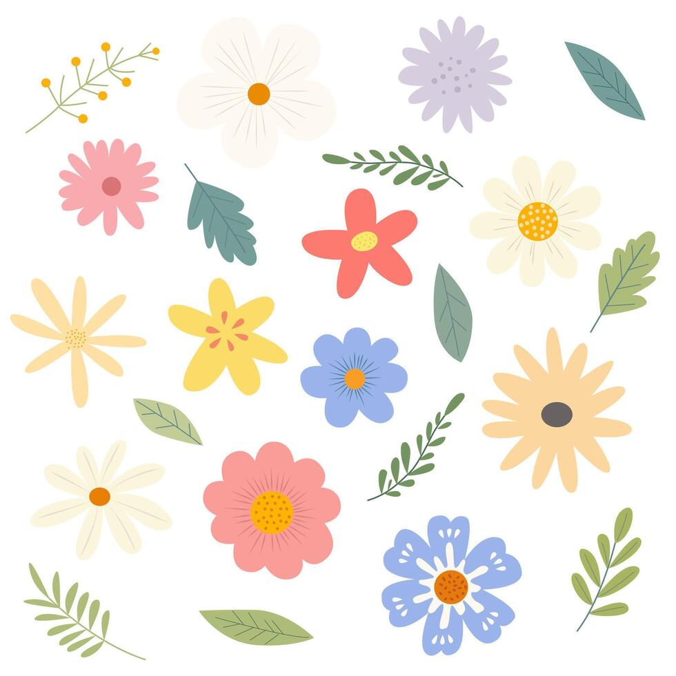 Set of flowers and floral elements in flat style. Beautiful spring or summer floral pattern. Vector hand drawn illustration for greeting card, invitation, poster, design.