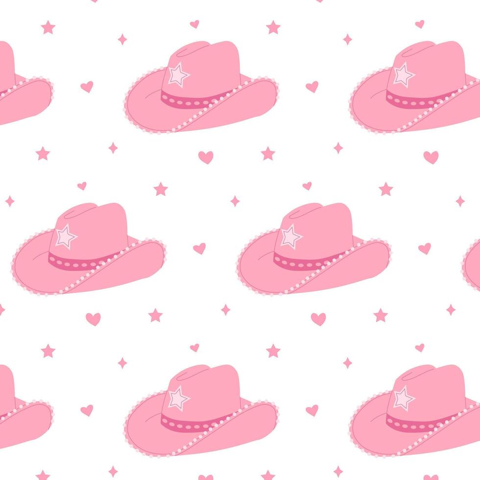 Pattern with hand drawn female cowboy hats. Pink cowgirl hats flat vector illustration. Collection of retro elements. Cowboy Western and Wild West theme. For design, poster, greeting card, pack paper