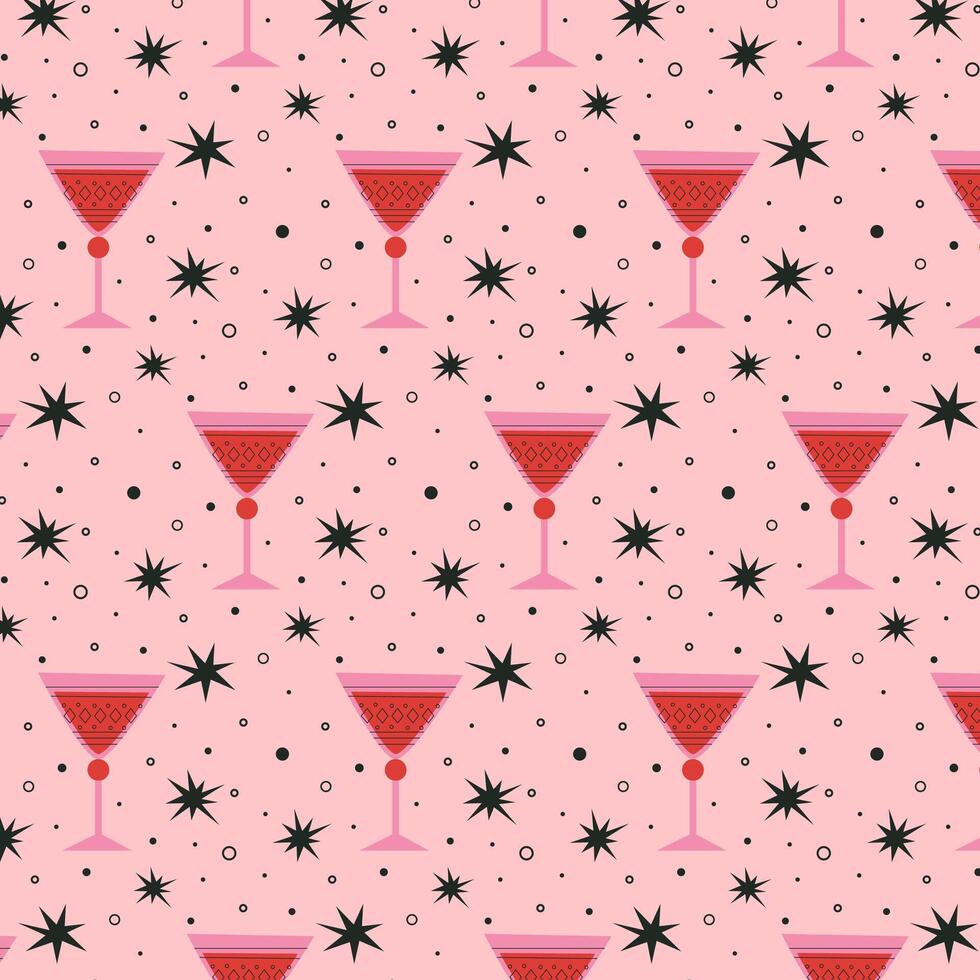 Pattern with alcoholic cocktails in glasses of different shapes in red and pink colors. Drinks in different types of vintage glasses. Modern design for greeting cards, posters, wrapping, pack paper. vector