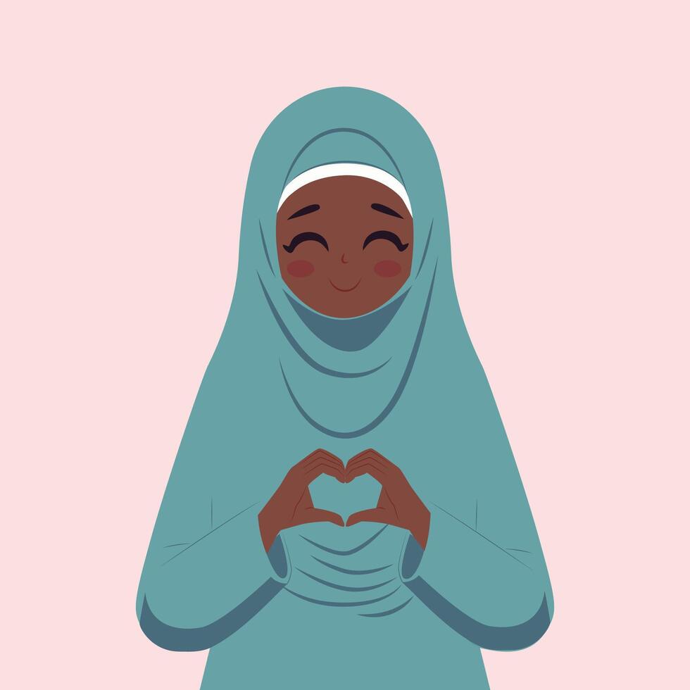 Beautiful girl in blue hijab. Women in islamic religious clothing shaped heart with both hands expressions. Flat design, poster for world hijab day. vector