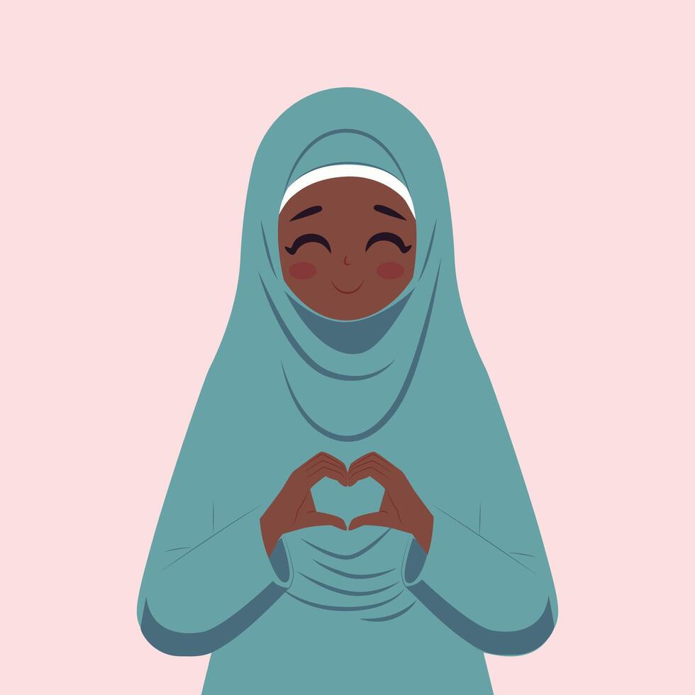 hermosa niña en azul hiyab mujer en islámico religioso ropa conformado corazón con ambos manos expresiones plano diseño, póster para mundo hijab día. vector