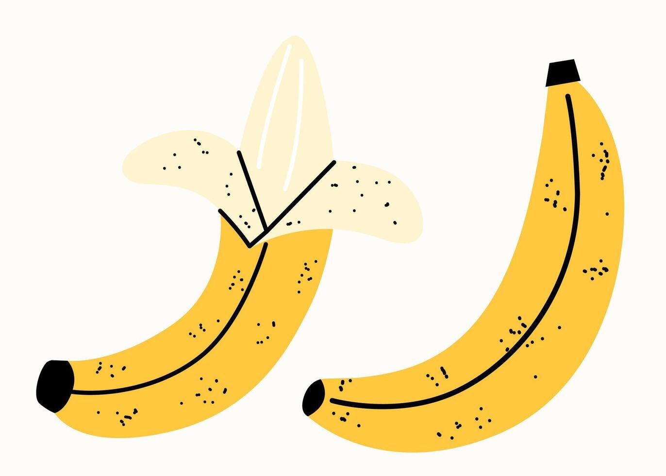 sano desayuno. plátano y pelado banana. conjunto de vector plano ilustraciones en mano dibujado estilo. delicioso platos. dibujos animados comida iconos aislado en un blanco antecedentes.