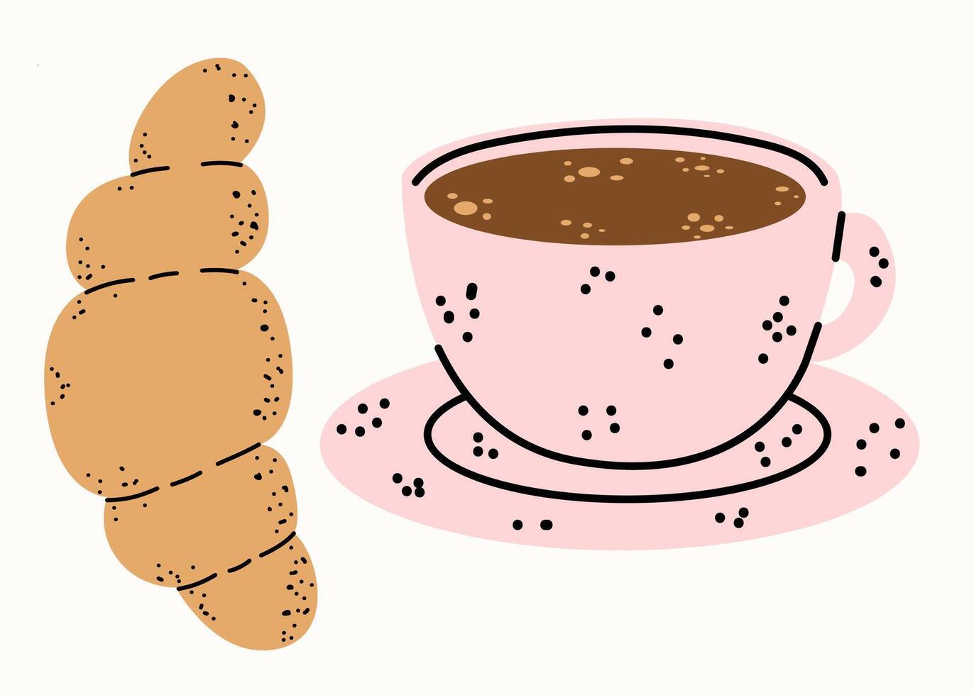 Healthy breakfast. Cup of coffee and croissant. Set of vector flat illustrations in hand drawn style. Delicious dishes. Cartoon food icons. Isolated on a white background.