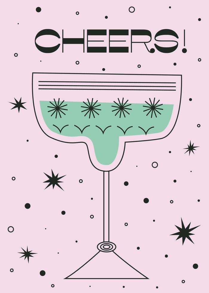 Party invitation background with champagne glass. Holiday greeting card with cheers lettering. Celebration concept on pink background with black stars and drops. Vector illustration.