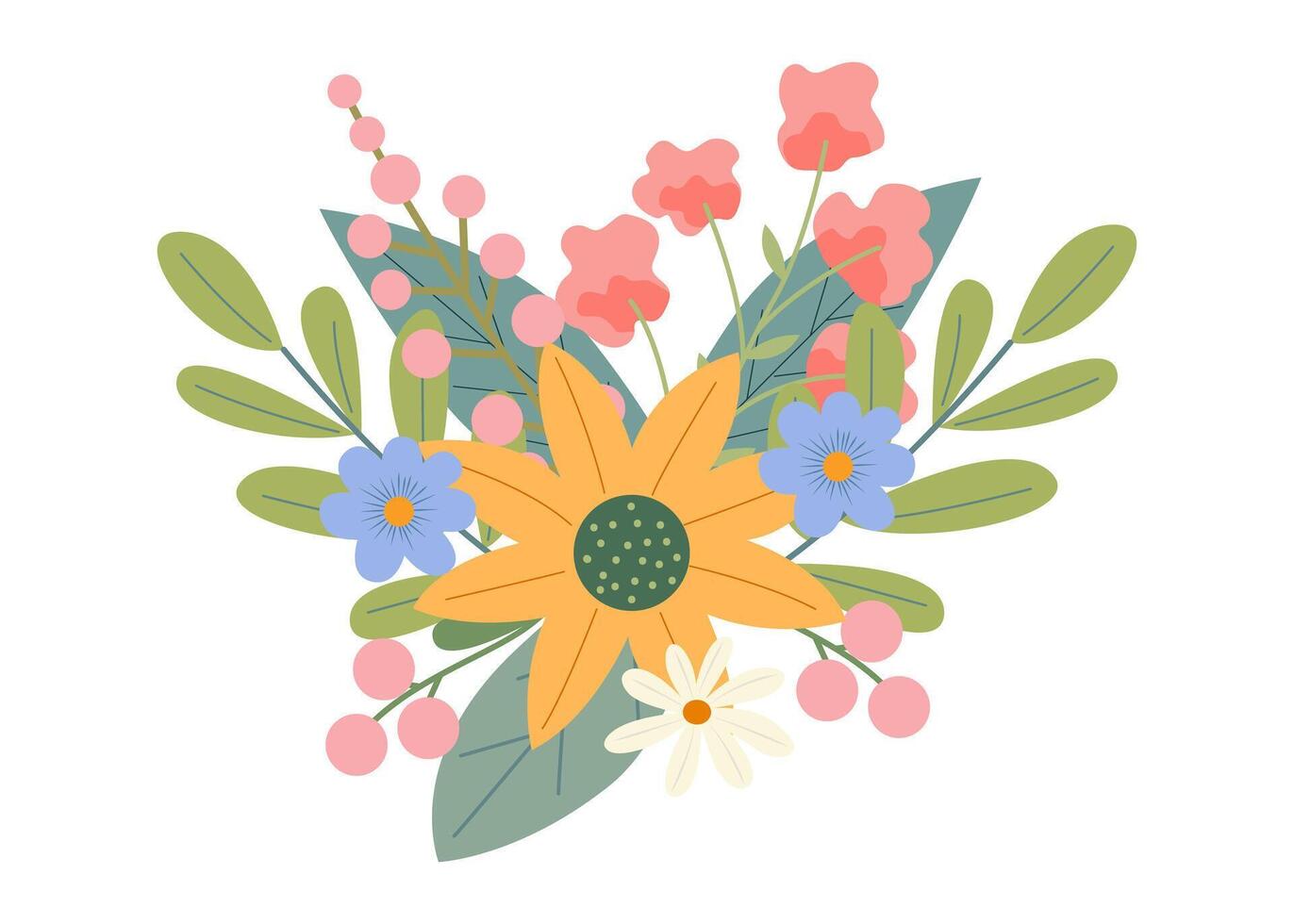 Beautiful spring or summer bouquet on a white background. Cute hand drawn flat vector flowers, leaves, berries. Vector illustration for card, banner, poster, wedding invitation. Floral spring poster.