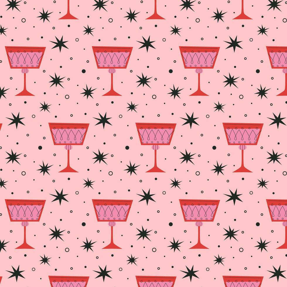 Pattern with alcoholic cocktails in glasses of different shapes in red and pink colors. Drinks in different types of vintage glasses. Modern design for greeting cards, posters, wrapping, pack paper. vector