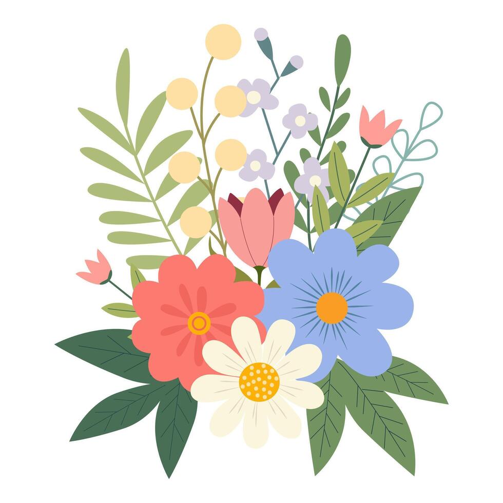 Beautiful spring or summer bouquet on a white background. Cute hand drawn flat vector flowers, leaves, berries. Vector illustration for card, banner, poster, wedding invitation. Floral spring poster.