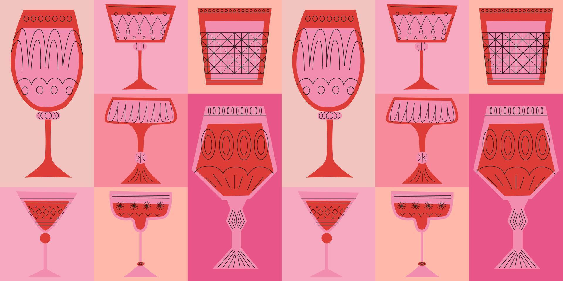 Geometric seamless pattern with alcoholic cocktails in glasses of different shapes. Drinks in different types of vintage glasses. Modern design for greeting cards, posters, wrapping, pack paper. vector