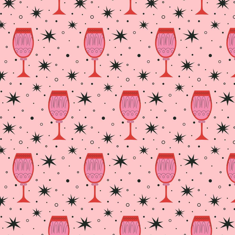 Pattern with alcoholic cocktails in glasses of different shapes in red and pink colors. Drinks in different types of vintage glasses. Modern design for greeting cards, posters, wrapping, pack paper. vector