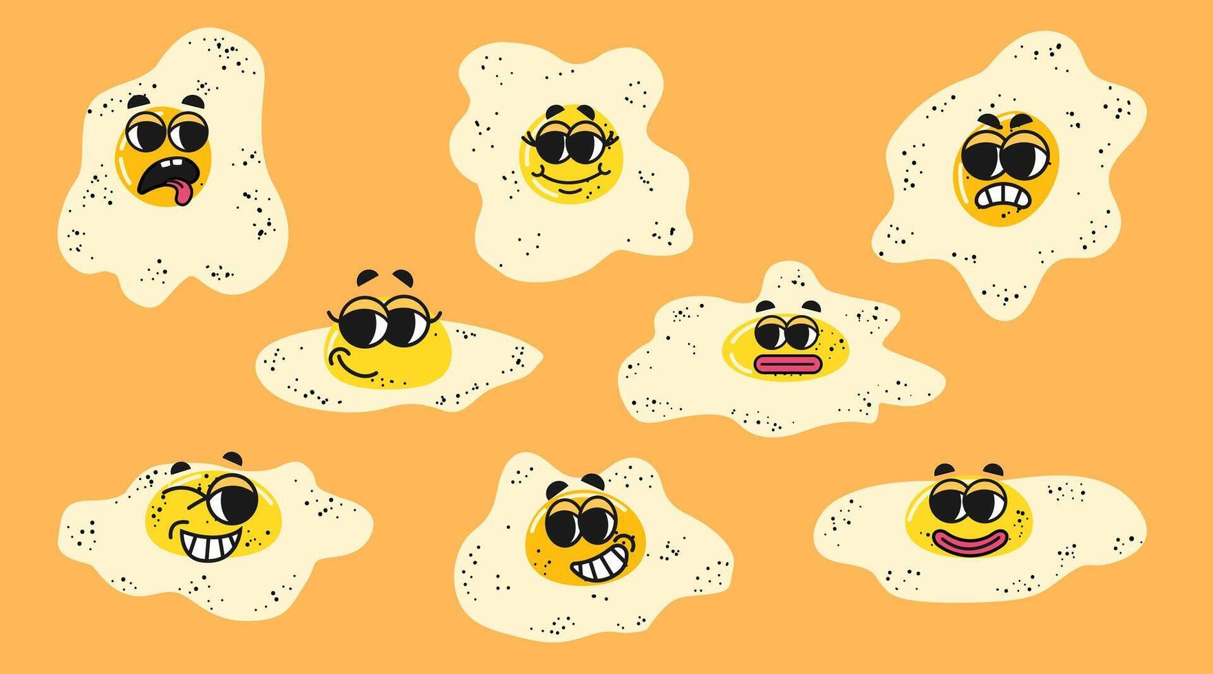 Collection of trendy sticker with cartoon food characters. Set of retro groovy different eggs characters, doodle smiley face. Vector groovy illustration for design
