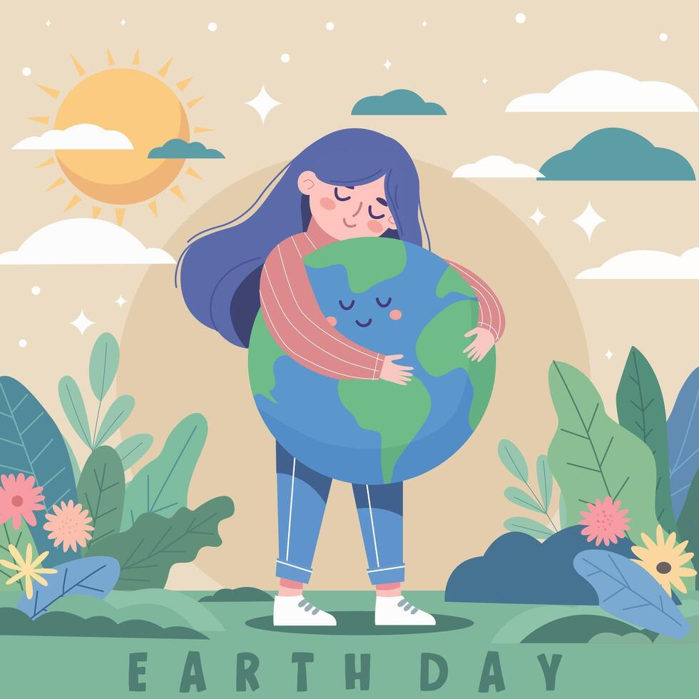 linda niña abrazos el planeta. vector ilustración para tierra día y otro ambiental conceptos. modelo para tarjeta, póster, bandera y web. salvar el planeta, dibujos animados plano estilo ilustración.
