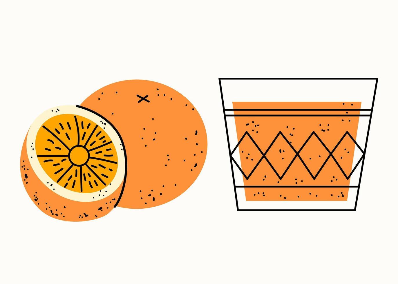 Healthy breakfast. Orange and a glass of orange juice. Set of vector flat illustrations in hand drawn style. Delicious dishes. Cartoon food icons. Isolated on a white background.