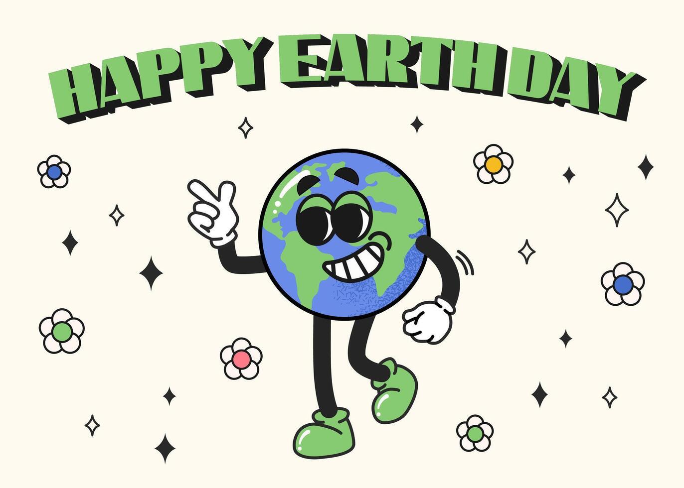 Retro banner with cartoon character globe. Vector retro cute Earth planet mascot. Lettering happy earth day. Ecology poster, postcard for world Earth day. Vector illustration
