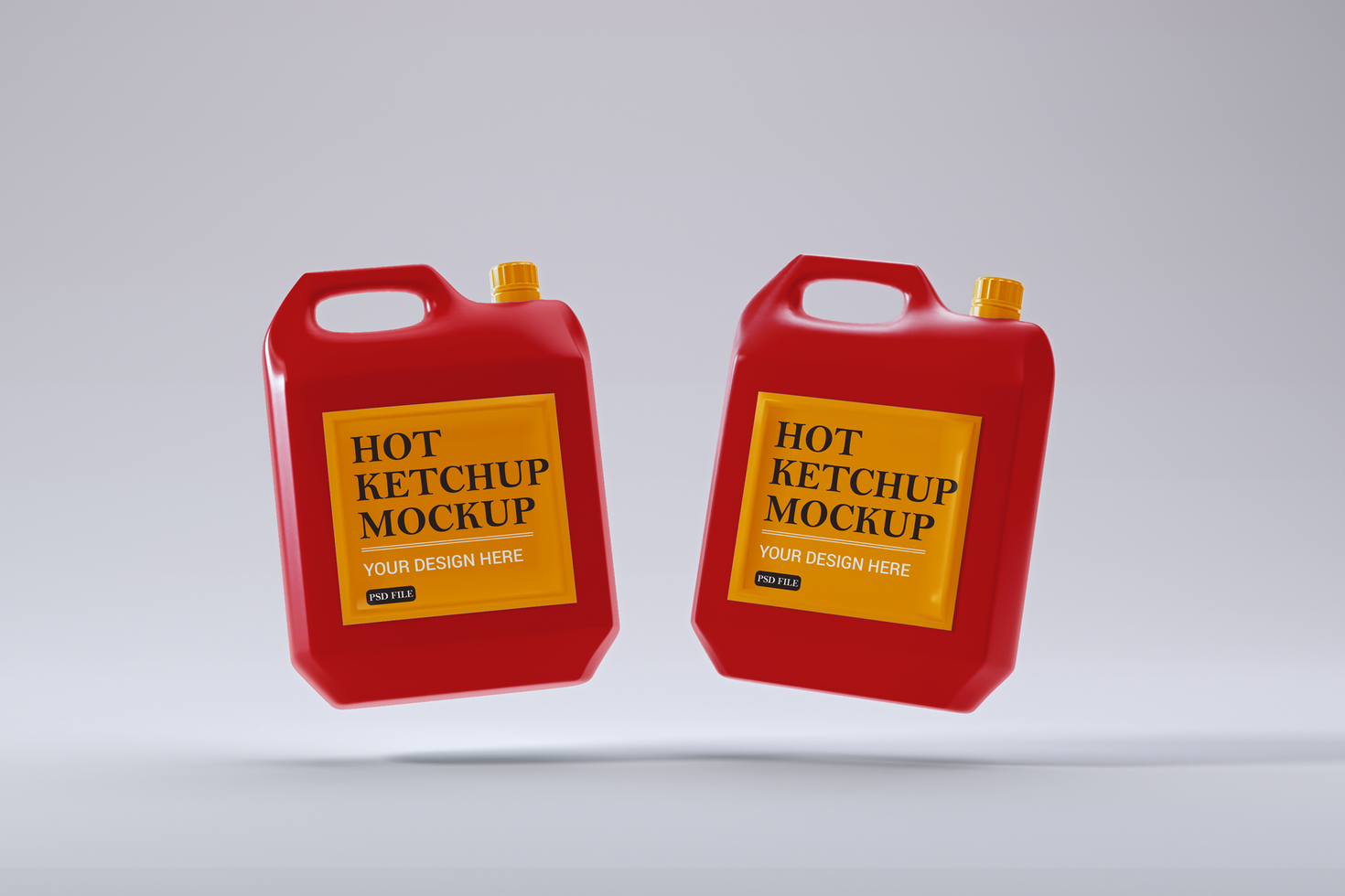 Two floating Hot ketchup packaging bottle mockup template psd