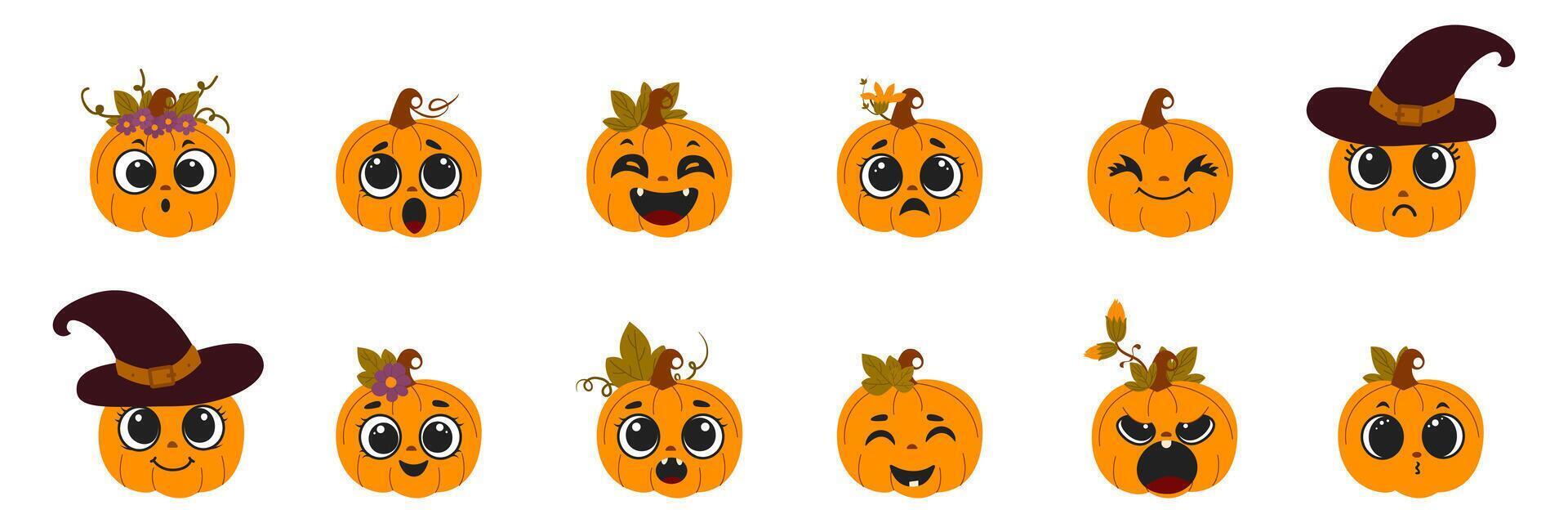 Set of pumpkins with cute faces for Halloween or Thanksgiving for decorative elements. Funny smiling pumpkins vector