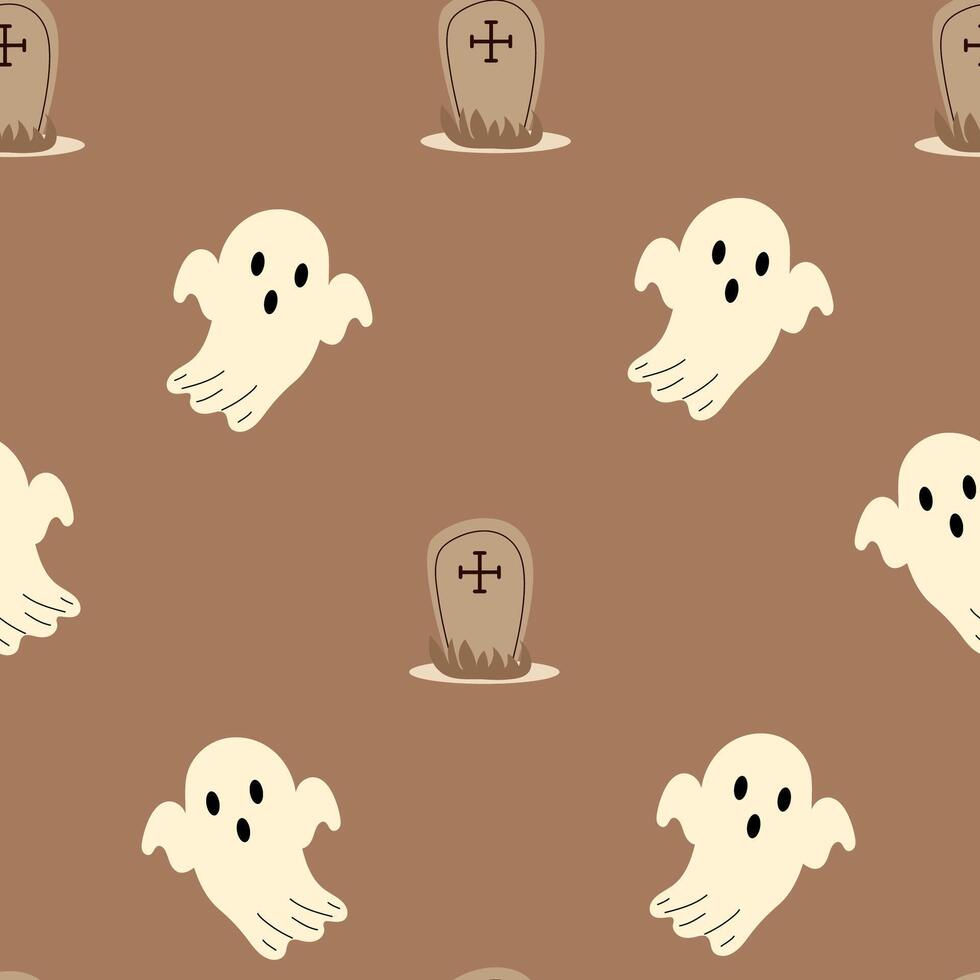 Seamless vector Halloween pattern design. Fashionable pattern with cute ghosts for wrapping paper, ceramics, wallpaper, stickers, notebook cover.