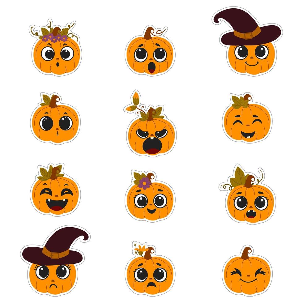 Set of stickers of pumpkins with cute faces for Halloween or Thanksgiving for decorative elements. Funny smiling pumpkins. Harvest holiday concept vector