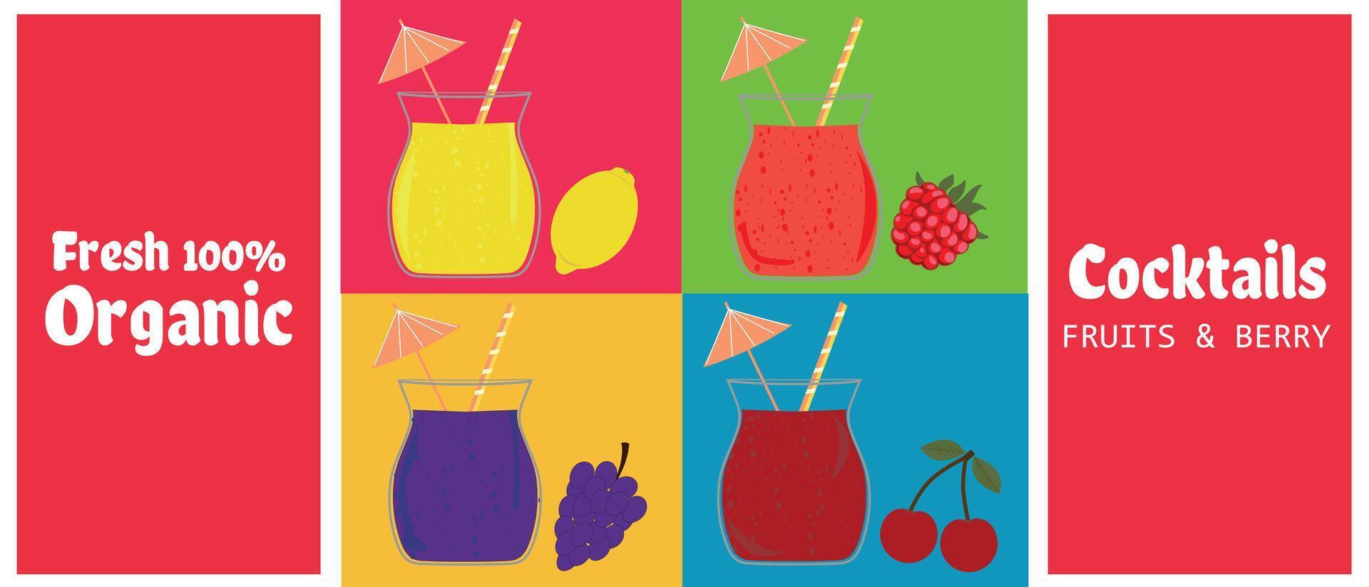 Set of summer brochures with fruit natural cocktails. Lemon, raspberry, grapes, cherry. Vector templates.