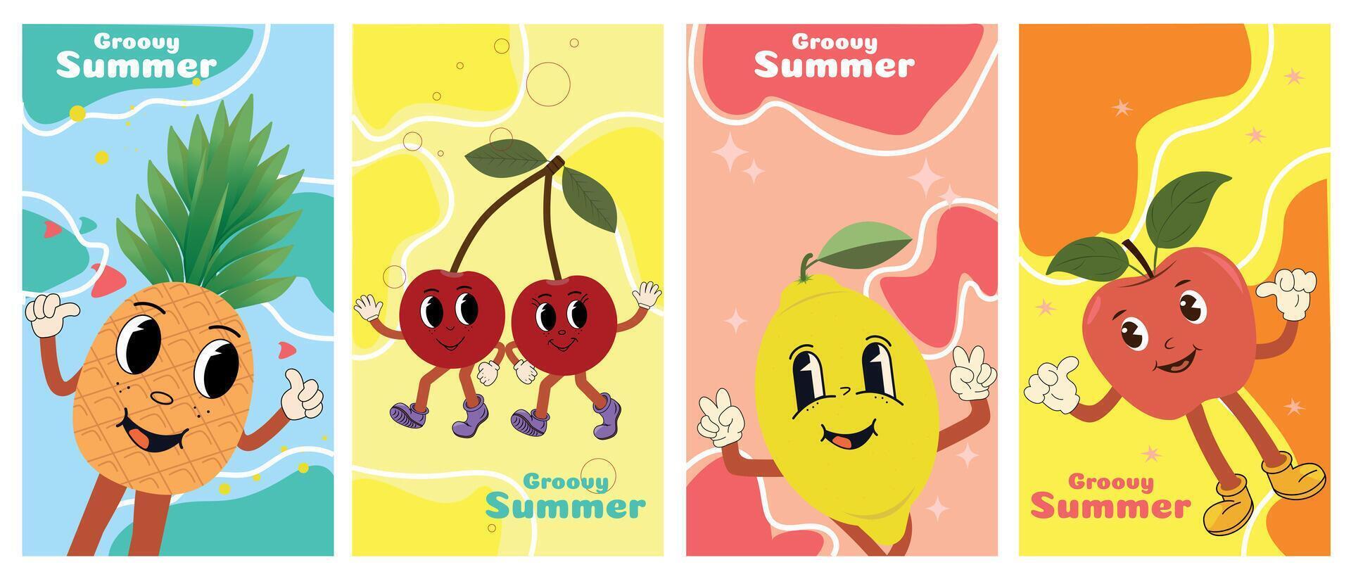 brillante conjunto de verano retro tarjetas con Fruta mascotas gracioso frutas en dibujos animados estilo cereza, limón, manzana, piña en un de moda de colores geométrico antecedentes. vector ilustración para tarjeta postal diseño