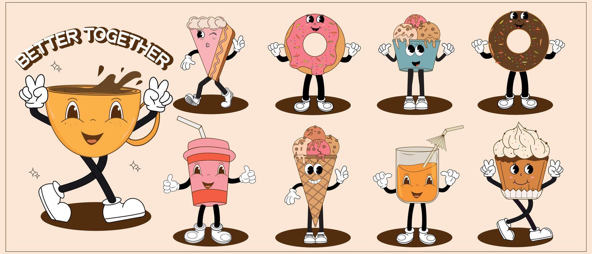 Groovy retro cartoon set with coffee mascot, funny colorful doodle style characters, cappuccino, cocoa, latte, espresso and americano, donut, ice cream. Vector illustration.