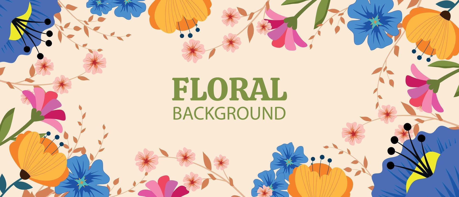 Background with beautiful summer and spring flowers in vector, flat style. Background design with colorful floral elements. Beautiful graphic template for banner, poster, postcard. Vector illustration