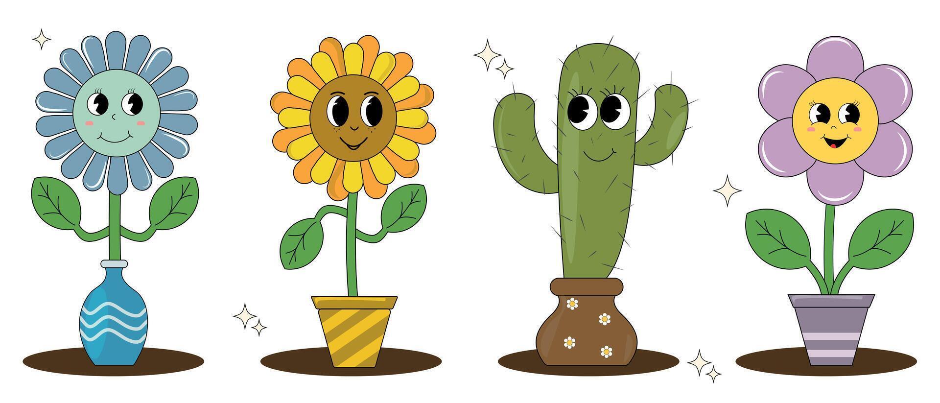 brillante flores en ollas y floreros en un 70s hippie dibujos animados estilo. vector